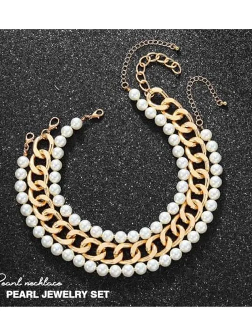 Gold Tone Cuban Link Choker Faux Pearl Boho Statement Necklace for Women